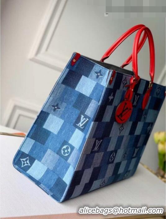 Fashion Discount Louis Vuitton Monogram Damier Denim Canvas Onthego Tote Bag M44992 Blue/Red