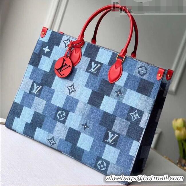 Fashion Discount Louis Vuitton Monogram Damier Denim Canvas Onthego Tote Bag M44992 Blue/Red