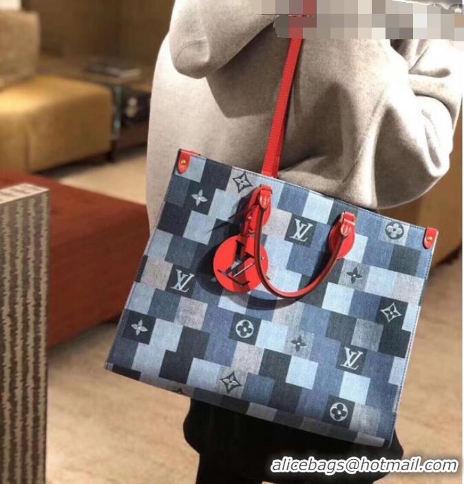 Fashion Discount Louis Vuitton Monogram Damier Denim Canvas Onthego Tote Bag M44992 Blue/Red