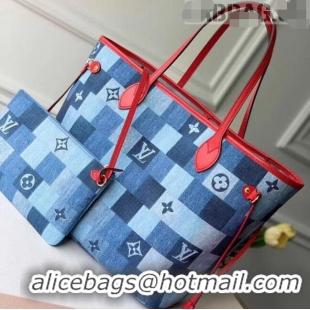 Promotional Louis Vuitton Neverfull MM Tote Bag in Damier Monogram Denim Canvas M44981 Blue/Red