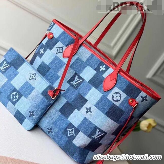 Promotional Louis Vuitton Neverfull MM Tote Bag in Damier Monogram Denim Canvas M44981 Blue/Red