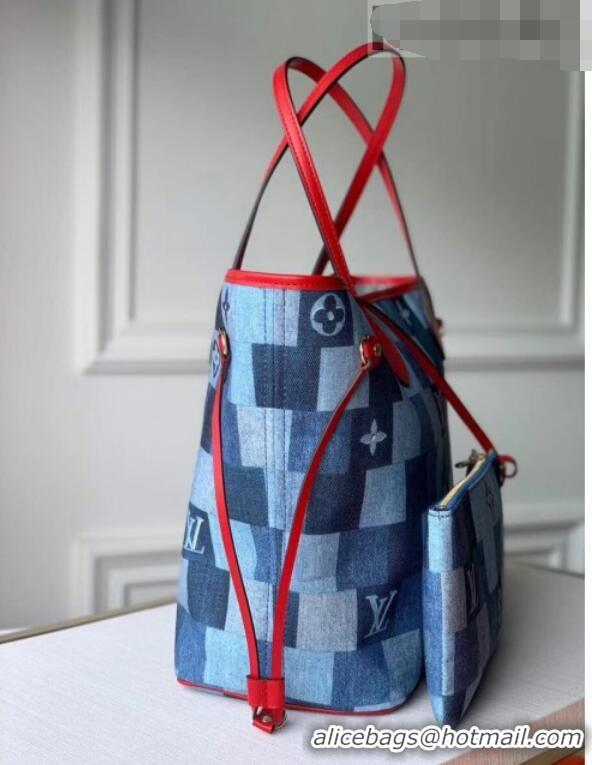 Promotional Louis Vuitton Neverfull MM Tote Bag in Damier Monogram Denim Canvas M44981 Blue/Red