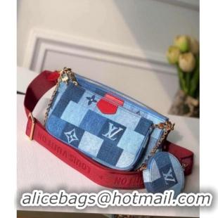 New Style Louis Vuitton Multi Pochette Accessoires Shoulder Bag in Damier Monogram Denim Canvas M44990 Blue/Red