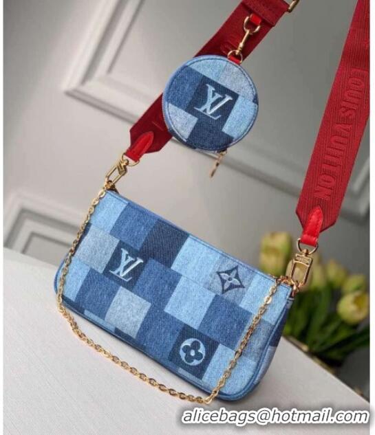 New Style Louis Vuitton Multi Pochette Accessoires Shoulder Bag in Damier Monogram Denim Canvas M44990 Blue/Red