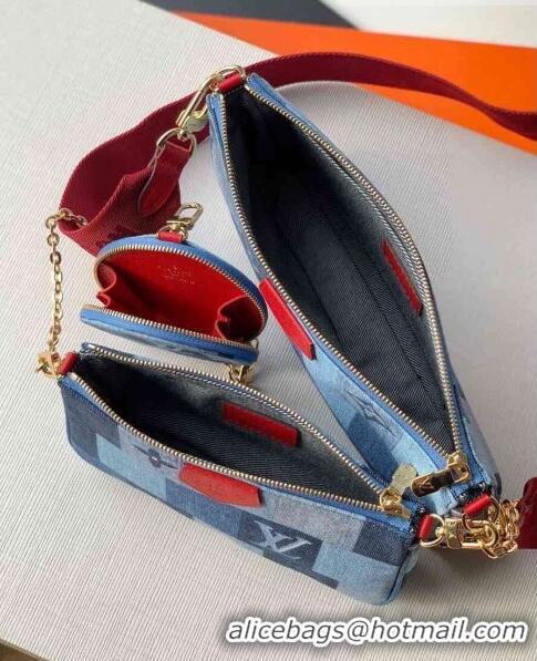 New Style Louis Vuitton Multi Pochette Accessoires Shoulder Bag in Damier Monogram Denim Canvas M44990 Blue/Red