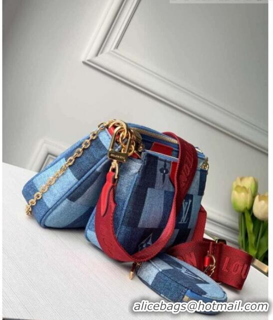 New Style Louis Vuitton Multi Pochette Accessoires Shoulder Bag in Damier Monogram Denim Canvas M44990 Blue/Red