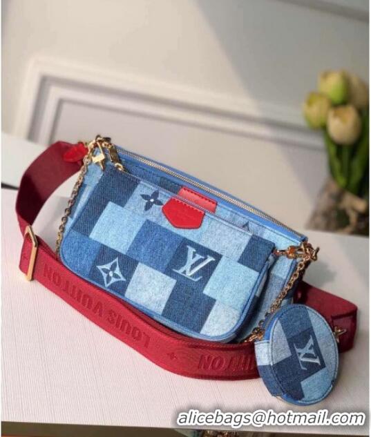 New Style Louis Vuitton Multi Pochette Accessoires Shoulder Bag in Damier Monogram Denim Canvas M44990 Blue/Red