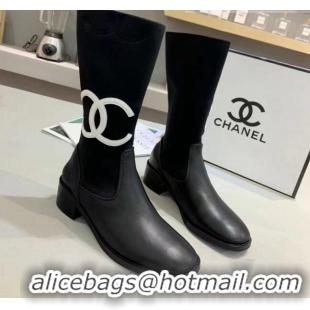 Luxurious Chanel Calfskin and Knit Fabric CC Flat Fold Short Boots Black/White 2019 (DLY-9101926 )