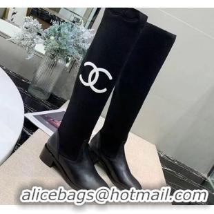 Unique Style Chanel Calfskin and Knit Fabric CC Flat Fold High Boots Black/White 2019 (DLY-9101927 )