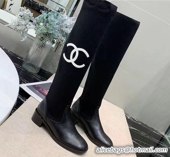 Unique Style Chanel Calfskin and Knit Fabric CC Flat Fold High Boots Black/White 2019 (DLY-9101927 )