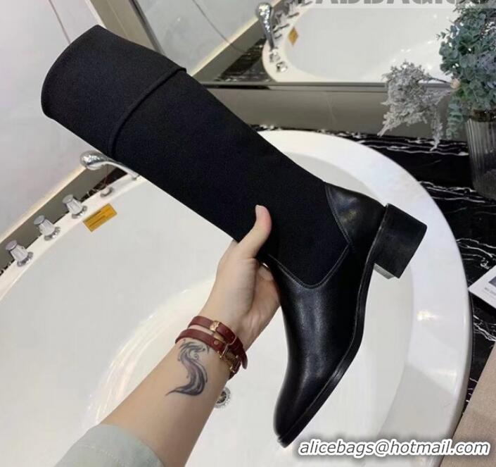 Unique Style Chanel Calfskin and Knit Fabric CC Flat Fold High Boots Black/White 2019 (DLY-9101927 )