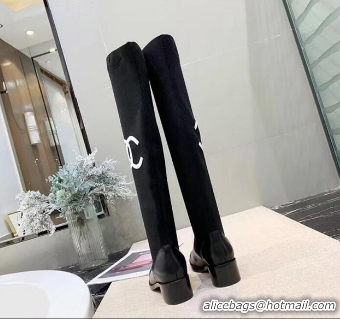 Unique Style Chanel Calfskin and Knit Fabric CC Flat Fold High Boots Black/White 2019 (DLY-9101927 )