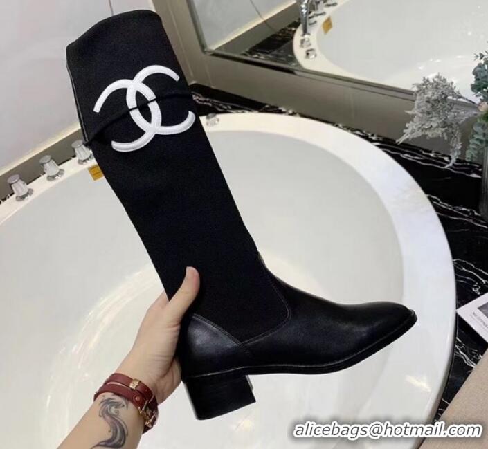 Unique Style Chanel Calfskin and Knit Fabric CC Flat Fold High Boots Black/White 2019 (DLY-9101927 )