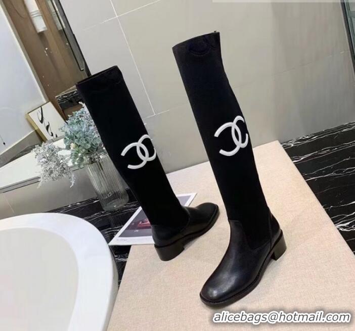 Unique Style Chanel Calfskin and Knit Fabric CC Flat Fold High Boots Black/White 2019 (DLY-9101927 )