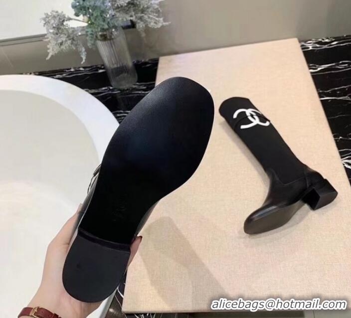 Unique Style Chanel Calfskin and Knit Fabric CC Flat Fold High Boots Black/White 2019 (DLY-9101927 )