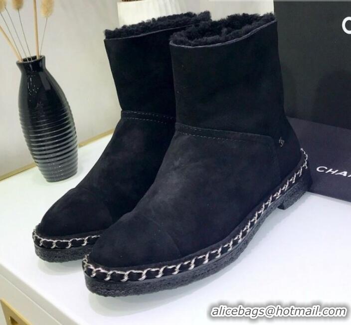 Good Taste Chanel Suede Wool Chain Trim Flat Short Boots G34113 Black 2019 (JINC-9102452 )