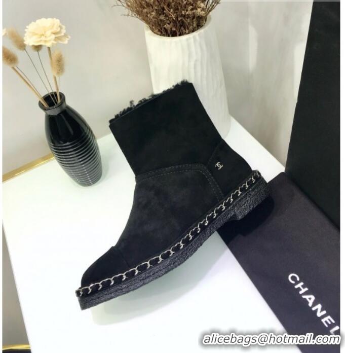 Good Taste Chanel Suede Wool Chain Trim Flat Short Boots G34113 Black 2019 (JINC-9102452 )