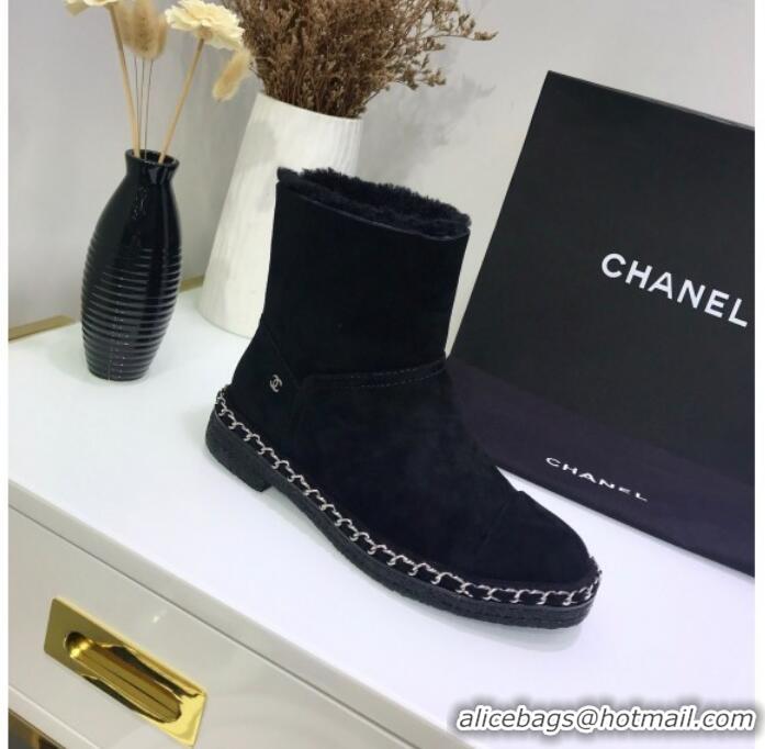 Good Taste Chanel Suede Wool Chain Trim Flat Short Boots G34113 Black 2019 (JINC-9102452 )