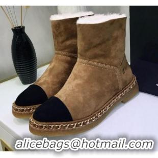 Luxury Cheap Chanel Suede Wool Chain Trim Flat Short Boots G34113 Brown 2019 (JINC-9102453 )