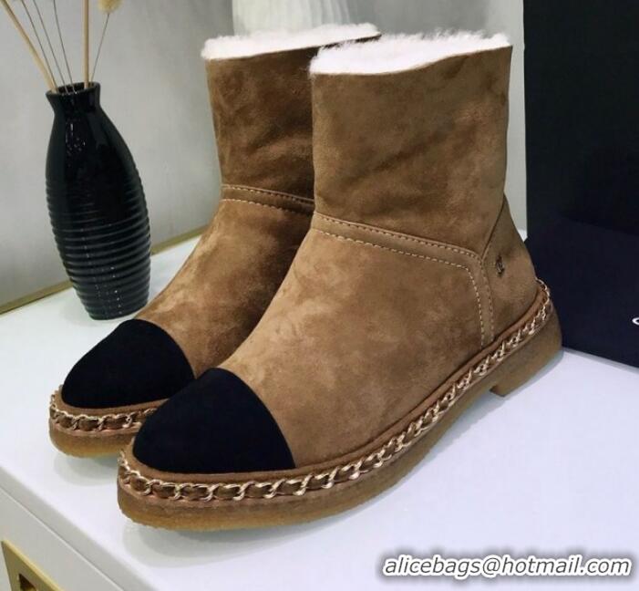 Luxury Cheap Chanel Suede Wool Chain Trim Flat Short Boots G34113 Brown 2019 (JINC-9102453 )