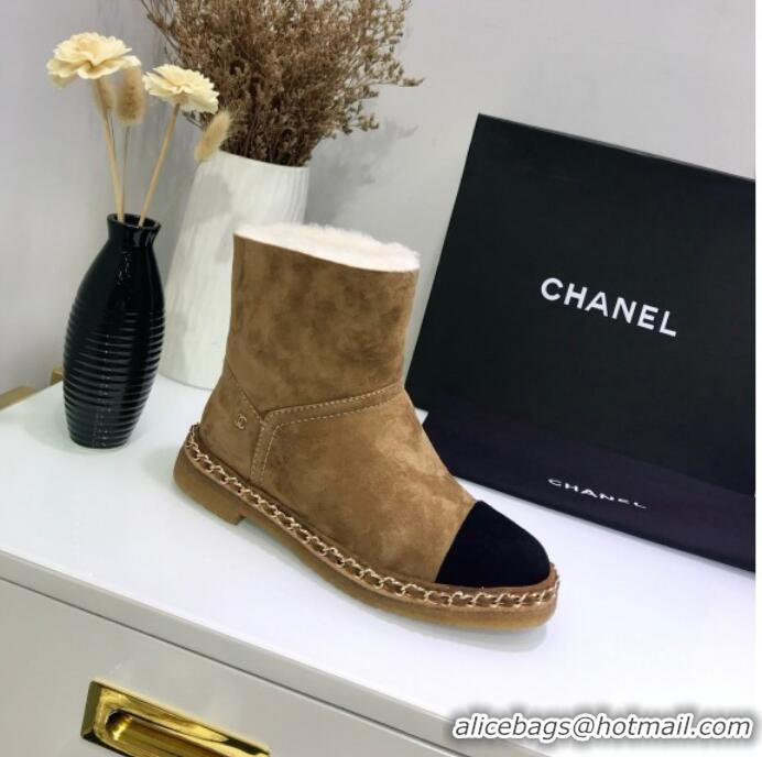 Luxury Cheap Chanel Suede Wool Chain Trim Flat Short Boots G34113 Brown 2019 (JINC-9102453 )