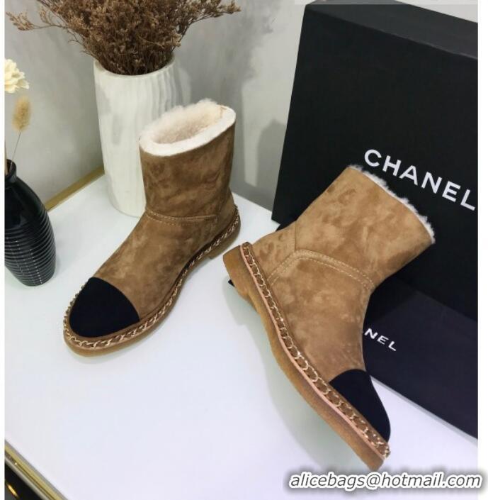 Luxury Cheap Chanel Suede Wool Chain Trim Flat Short Boots G34113 Brown 2019 (JINC-9102453 )