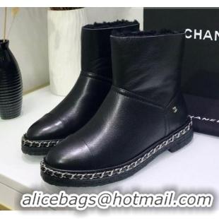 Luxury Chanel Calfskin Wool Chain Trim Flat Short Boots G34113 Black 2019 (JINC-9102454 )