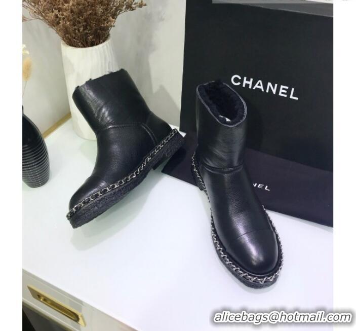 Luxury Chanel Calfskin Wool Chain Trim Flat Short Boots G34113 Black 2019 (JINC-9102454 )