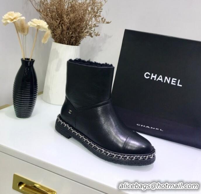 Luxury Chanel Calfskin Wool Chain Trim Flat Short Boots G34113 Black 2019 (JINC-9102454 )