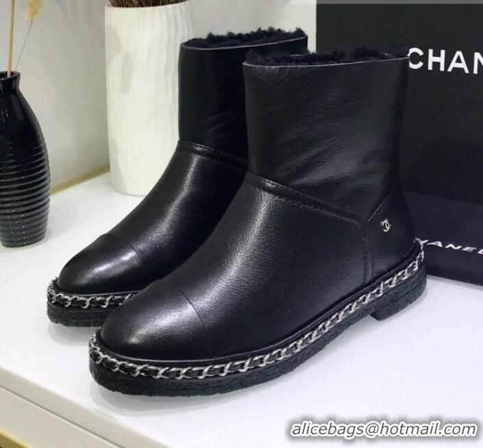 Luxury Chanel Calfskin Wool Chain Trim Flat Short Boots G34113 Black 2019 (JINC-9102454 )