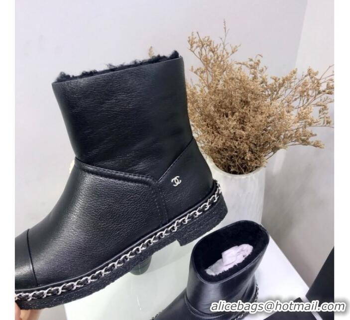 Luxury Chanel Calfskin Wool Chain Trim Flat Short Boots G34113 Black 2019 (JINC-9102454 )