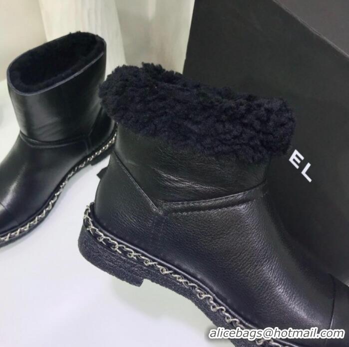 Luxury Chanel Calfskin Wool Chain Trim Flat Short Boots G34113 Black 2019 (JINC-9102454 )