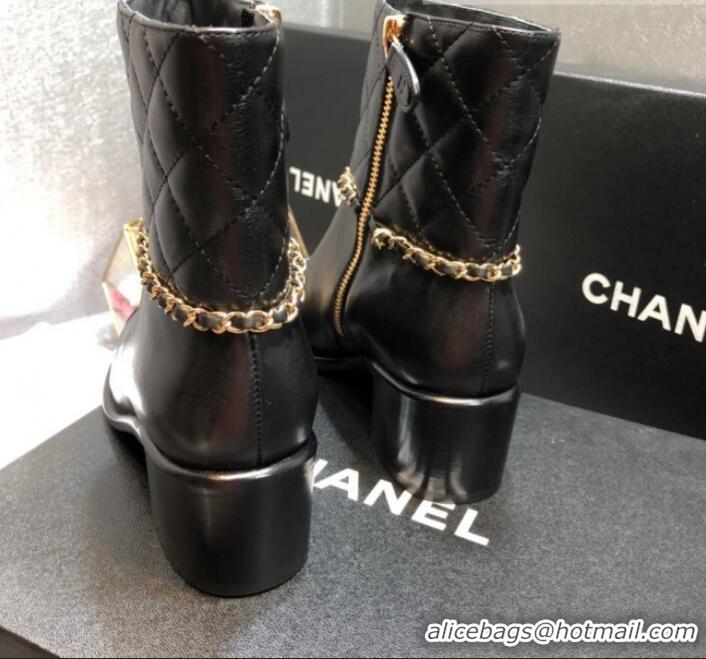 Good Looking Chanel Quilted Calfskin Chain Mid-Heel Short Boots G35091 Black 2019