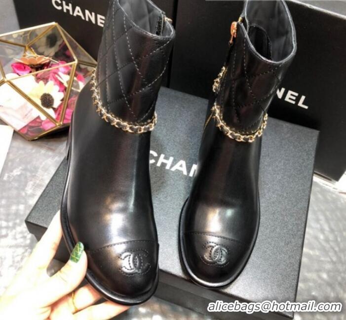 Good Looking Chanel Quilted Calfskin Chain Mid-Heel Short Boots G35091 Black 2019