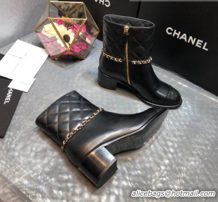 Good Looking Chanel Quilted Calfskin Chain Mid-Heel Short Boots G35091 Black 2019