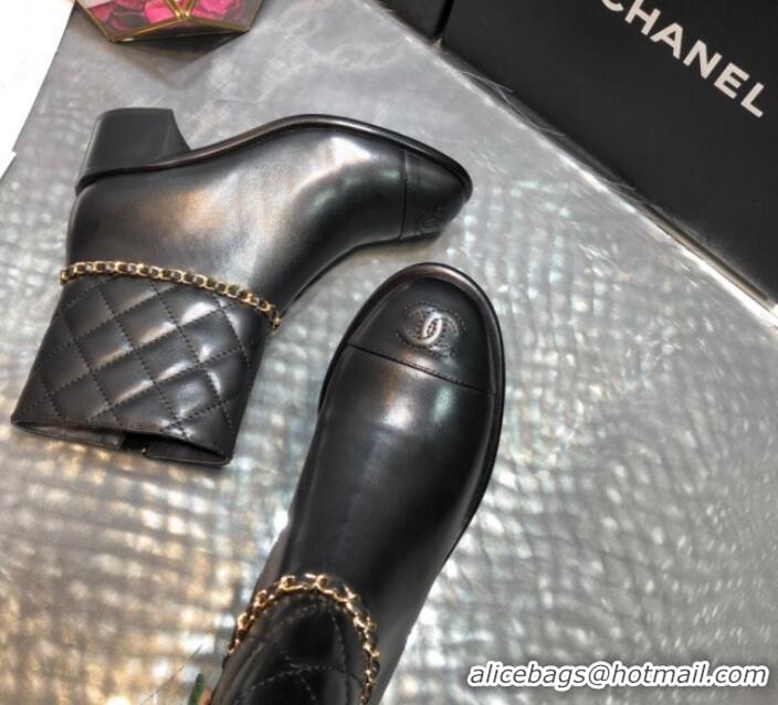 Good Looking Chanel Quilted Calfskin Chain Mid-Heel Short Boots G35091 Black 2019