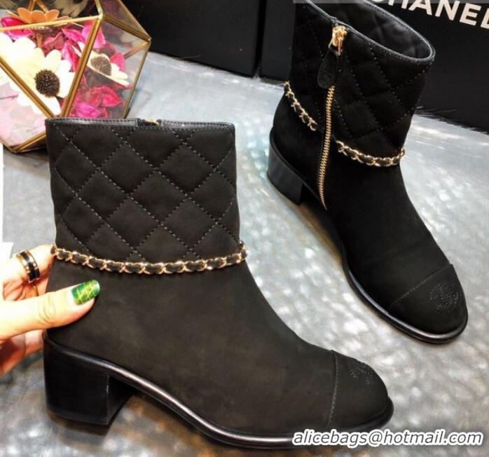 Best Product Chanel Quilted Suede Chain Mid-Heel Short Boots G35091 Dark Gray 2019 