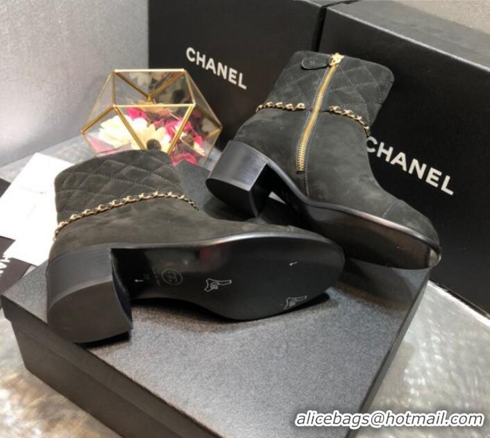 Best Product Chanel Quilted Suede Chain Mid-Heel Short Boots G35091 Dark Gray 2019 