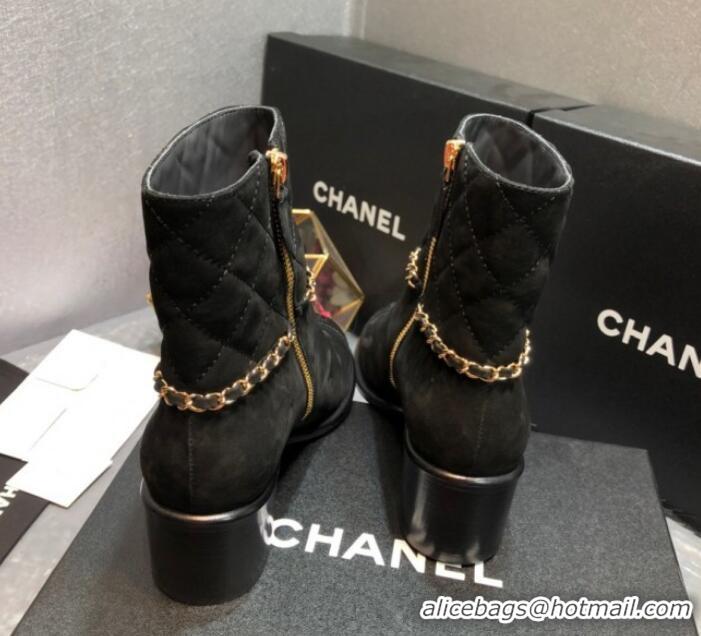 Best Product Chanel Quilted Suede Chain Mid-Heel Short Boots G35091 Dark Gray 2019 