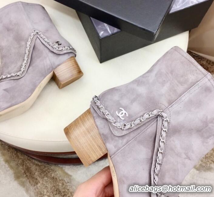 Low Cost Chanel Suede Foldover Chain Short Boots G34929 Light Gray 2019