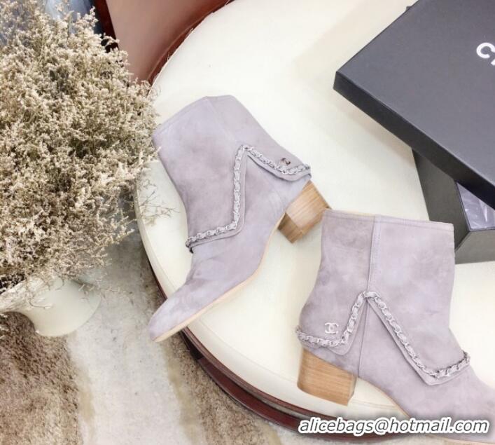 Low Cost Chanel Suede Foldover Chain Short Boots G34929 Light Gray 2019