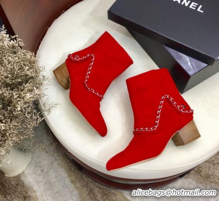 Discount Chanel Suede Foldover Chain Short Boots G34929 Red 2019