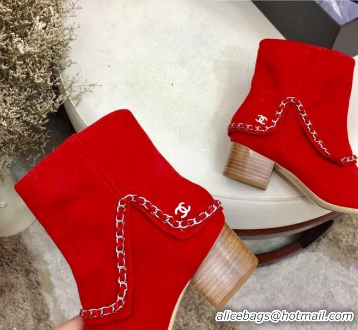 Discount Chanel Suede Foldover Chain Short Boots G34929 Red 2019