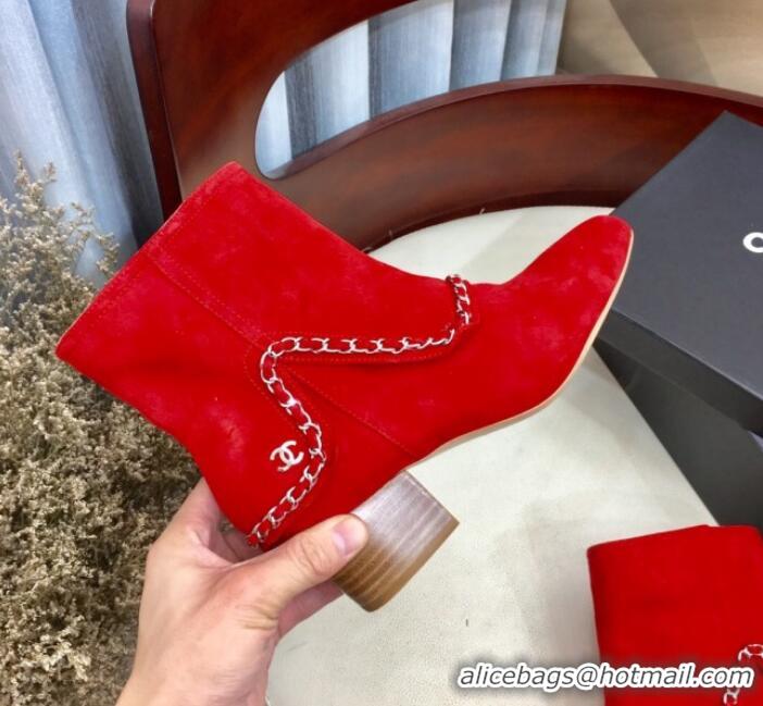 Discount Chanel Suede Foldover Chain Short Boots G34929 Red 2019