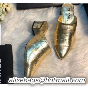 New Style Chanel Crocodile Embossed Metallic Calfskin Mules G34909 Gold 2019 