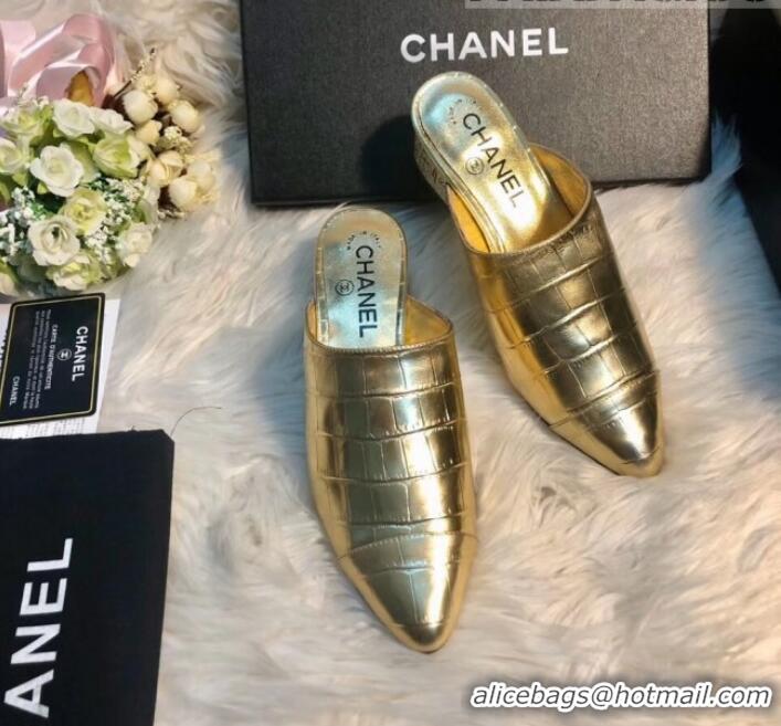 New Style Chanel Crocodile Embossed Metallic Calfskin Mules G34909 Gold 2019 