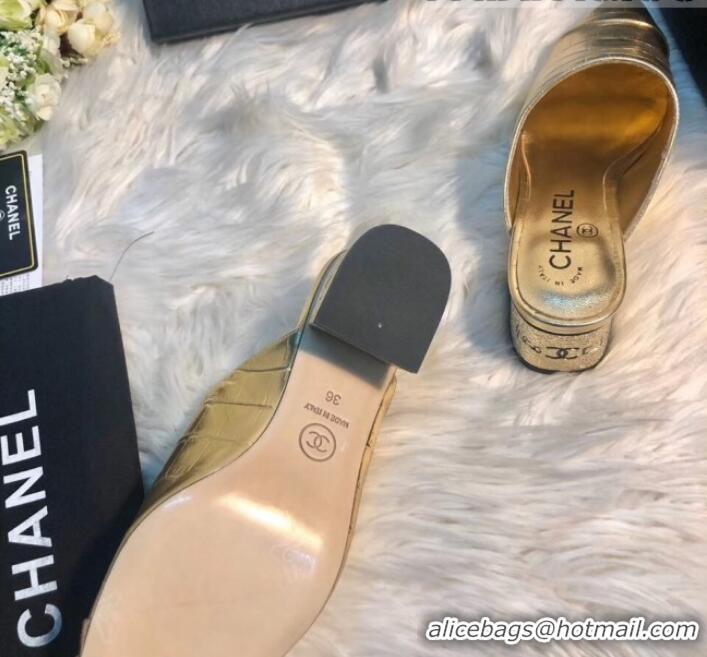 New Style Chanel Crocodile Embossed Metallic Calfskin Mules G34909 Gold 2019 