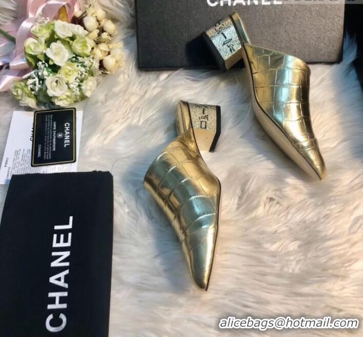 New Style Chanel Crocodile Embossed Metallic Calfskin Mules G34909 Gold 2019 