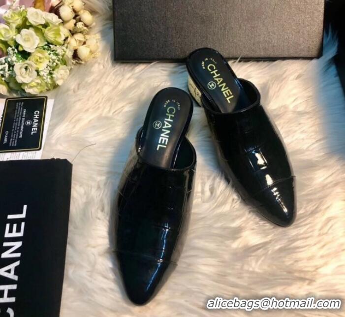 Good Product Chanel Crocodile Embossed Metallic Calfskin Mules G34909 Black 2019 