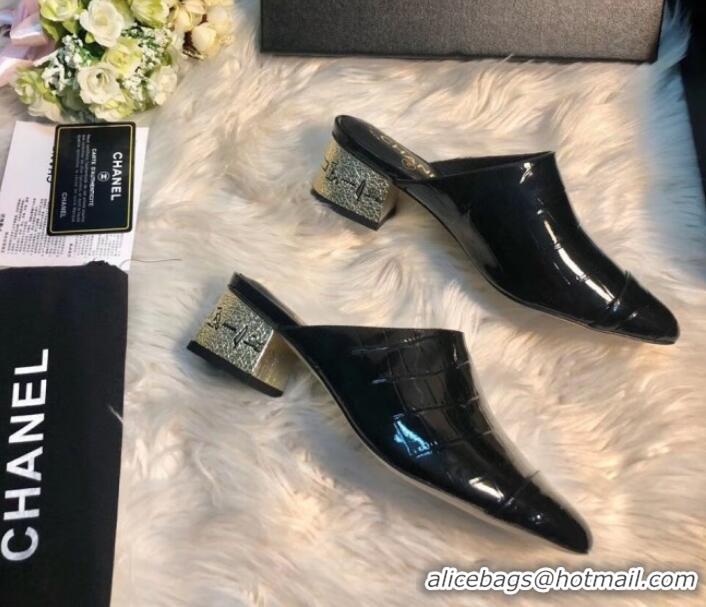 Good Product Chanel Crocodile Embossed Metallic Calfskin Mules G34909 Black 2019 